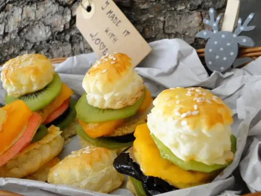 Mini burgery z ciasta francuskiego z owocami: kiwi, mango, brzoskwinia i różowa wędlina. Wyglądają jak małe dzieła sztuki.