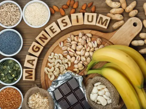 Magnesiumreiche Lebensmittel: Bananen, Nüsse, Samen, Schokolade. Wichtig für die Gesundheit, besonders wie viel Magnesium in der Schwangerschaft.
