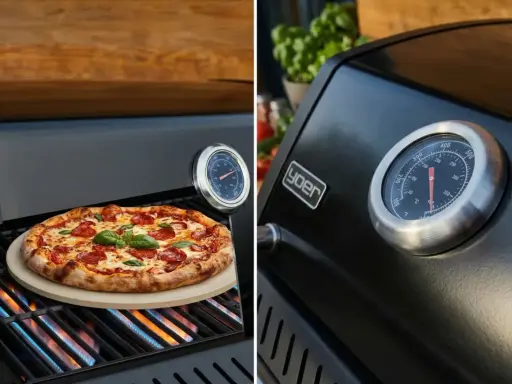 Pyszna pizza z grilla gazowego, z chrupiącym ciastem i ciągnącym serem, piecze się na ruszcie. Obok termometr wskazuje idealną temperaturę.