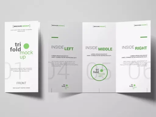 Un folleto triptico ejemplo con diseño limpio. Muestra la portada y las páginas interiores de un folleto plegado en tres.