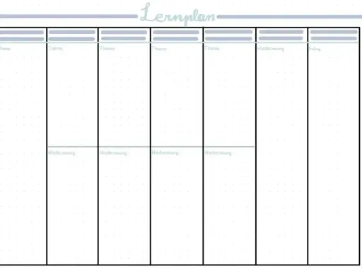 Leeres Raster zum Erstellen eines Lernplans mit Spalten für Themen, Wiederholung und Prüfung.