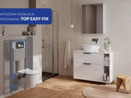 Montaż miski WC z ukrytym mocowaniem TOP EASY-FIX. Nowoczesna łazienka z prysznicem i umywalką.