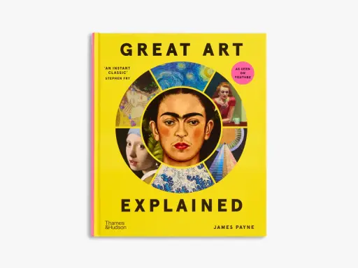Book cover "Great Art Explained" featuring Frida Kahlo's portrait and other artworks, a vibrant piece of textual art.