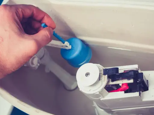 Main tenant répare chasse d'eau bouton poussoir. Il ajuste le flotteur bleu pour un bon fonctionnement.