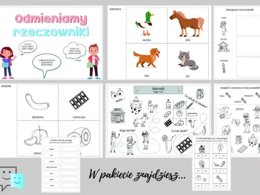 Zestaw ćwiczeń do nauki odmiany rzeczowników. Dzieci ćwiczyły **czas przeszły** na przykładach zwierząt, jedzenia i przedmiotów.