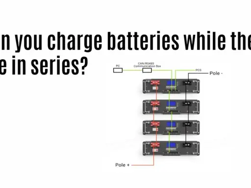 Schema zeigt vier Batteriemodule, die in serie geschaltet sind, verbunden mit einer Kommunikationsbox und einem PC.