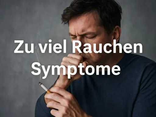 Mann hustet mit Zigarette in der Hand. Text: Zu viel Rauchen Symptome.