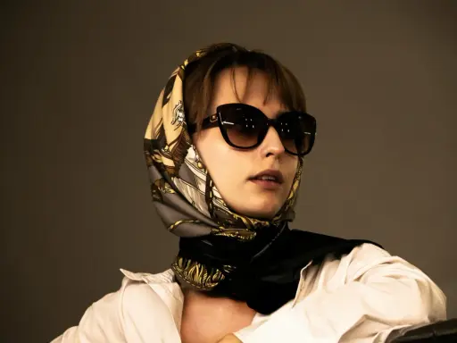 Donna con occhiali da sole e un elegante outfit con foulard annodato al collo, che incornicia il viso.