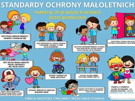 Plakat o standardach ochrony małoletnich: dzieci uczą się o bezpieczeństwie, tolerancji i szacunku. Nikt nie ma prawa naruszać ich prywatności ani cielesności bez zgody.