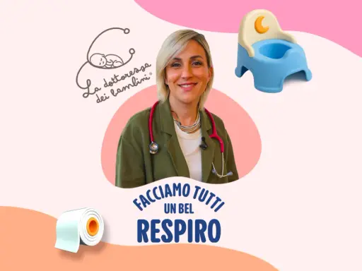 Dottoressa sorridente con stetoscopio, vasino e rotolo di carta igienica. Affronta temi come vomito e diarrea bambini.