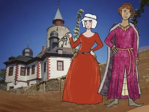 Eine Frau mit Schlüsselbund und ein Mann in mittelalterlicher Kleidung vor einer Burg.
