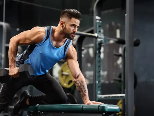 Mann mit Bart macht einbeiniges Rudern mit Kurzhantel. Fokus auf Muskelaufbau Training im Fitnessstudio.