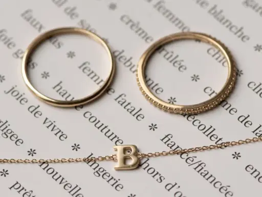 Anelli e collana in oro 14 carati, che significa un gioiello di qualità, su pagine di un libro con parole francesi.