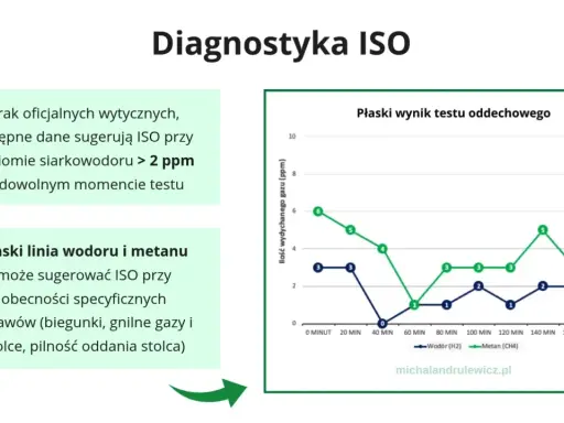 Wynik testu oddechowego: płaska linia wodoru i metanu może sugerować SIBO. Brak oficjalnych wytycznych, ale >2 ppm siarkowodoru to sygnał.
