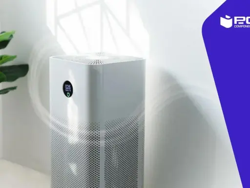 Un purificador de aire blanco con pantalla digital muestra que los deshumidificadores funcionan.