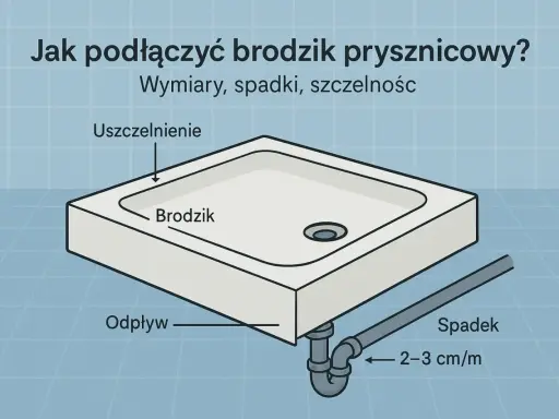 Ilustracja pokazuje podłączenie brodzika do odpływu, z zaznaczonym spadkiem 2-3 cm/m dla prawidłowego odprowadzania wody.