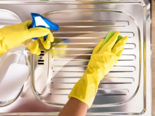 Mani con guanti gialli puliscono un lavello in acciaio con uno spray e una spugna, per far brillare l'acciaio.