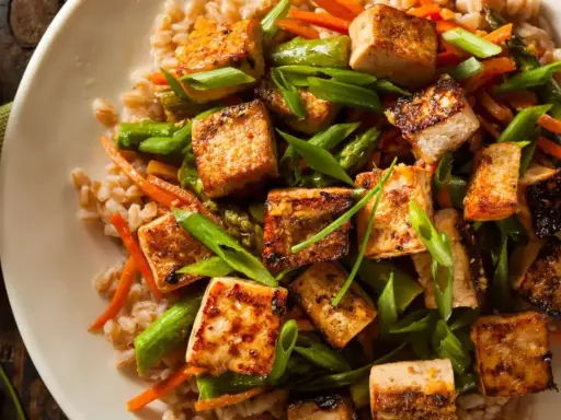 Smażone kostki tofu z warzywami i kaszą. Pyszne danie, które pokazuje, tofu co to jest - wszechstronny składnik.