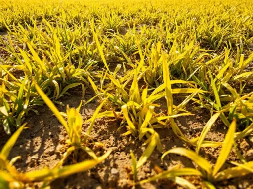 Champ de jeunes pousses jaunies par le soleil. Que faire pour sauver cette pelouse jaune ?