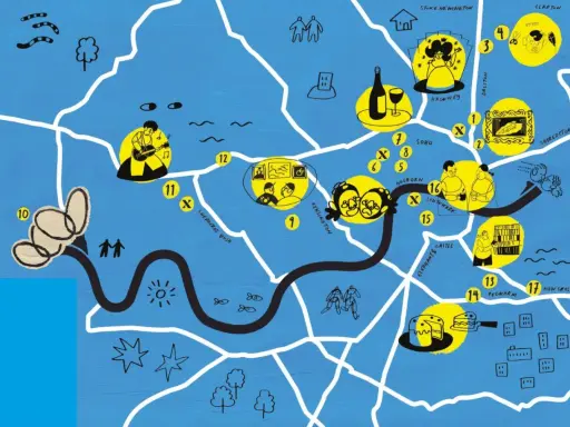 Map highlighting gay friendly places to live in London, with icons representing music, art, food, and community.
