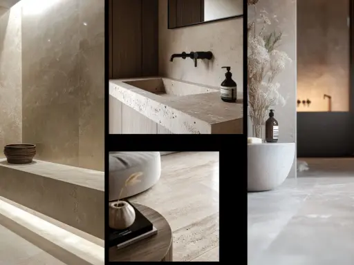 Bagno in travertino moderno con lavabo integrato, rubinetteria nera e dettagli in legno. L'ambiente è elegante e rilassante.
