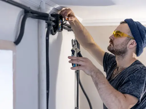 Elektryk w okularach ochronnych montuje przewody bezhalogenowe w puszce instalacyjnej, używając szczypiec.
