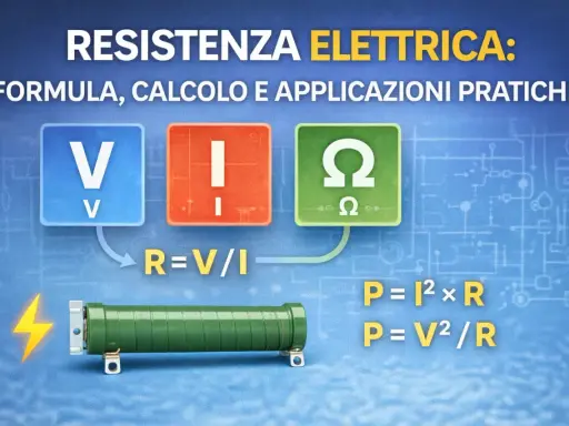 La **resistenza fisica formula** è spiegata con simboli V, I, Ω e formule R=V/I, P=I²×R, P=V²/R.