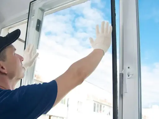 Un hombre con guantes blancos instala un vidrio simple en un marco de ventana blanco, con el cielo azul y nubes de fondo.