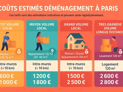 Estimation des coûts d'un déménagement à Paris : petit volume local (600-1000€), moyen volume (1200-1800€), grand volume (1500-2500€), très grand volume longue distance (2600-2800€).