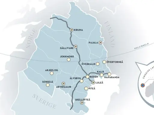 Karta över Swedish Lapland med flygplatser och orter. En rutt markerad visar besökarnas väg genom norra Sverige.