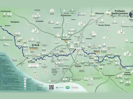 Mapa turystyczna Podlasie Nadbużańskie z zaznaczonymi atrakcjami, trasami i miejscowościami.