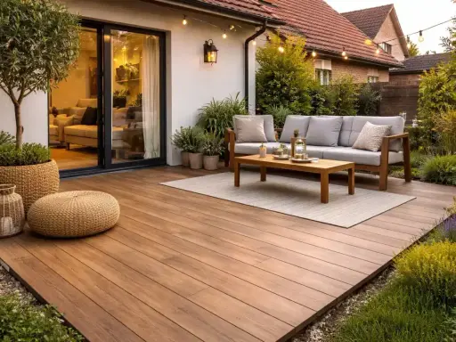 Un suelo exterior de madera sobre cemento transforma un patio en un oasis acogedor. Sofá, mesa y luces crean un ambiente perfecto.