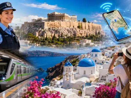 Eine Polizistin lächelt vor der Akropolis. Ein Zug fährt ein, während eine Frau auf Santorini fotografiert. Das Bahnnetz Griechenlands ist verbunden.