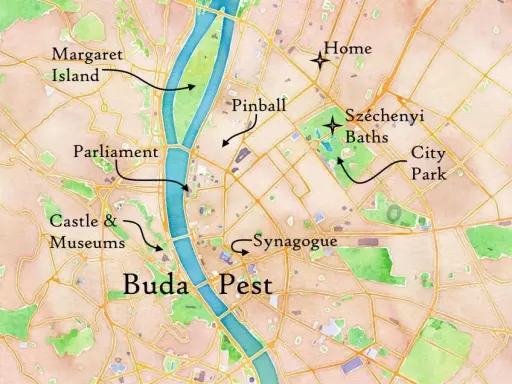 Mapa turystyczna pokazuje, gdzie jest Budapeszt: Parlament, Zamek i Muzea, Wyspa Małgorzaty, Széchenyi Baths, Park Miejski, Synagoga.