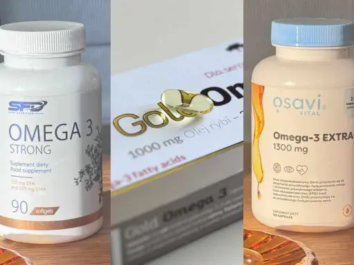 Suplementy diety Omega-3 na co? Na serce i wzrok. Na zdjęciu trzy opakowania: SFD Omega 3 Strong, Gold Omega 3 i Osavi Omega-3 EXTRA.