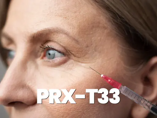 Primo piano del viso di una donna con rughe sottili, con una siringa che si avvicina alla pelle. Il testo "PRX-T33" è sovrapposto.