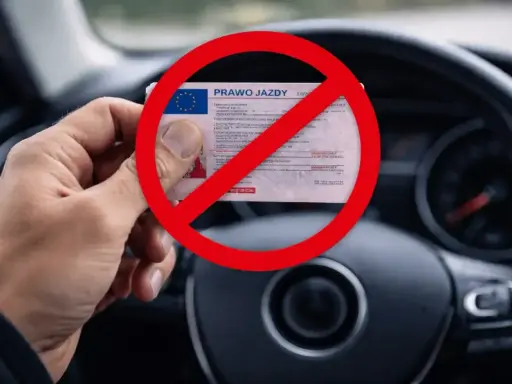 Zakaz prowadzenia pojazdów mechanicznych na 3 lata. Co dalej? Ręka trzyma prawo jazdy pod czerwonym znakiem zakazu, na tle kierownicy samochodu.
