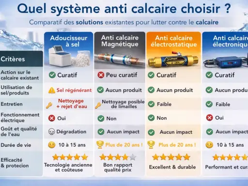 Comparatif des systèmes anti-calcaire. L'adoucisseur à sel, bien qu'efficace, pose un problème d'eau salée et de rejet. Les autres options sont plus écologiques.