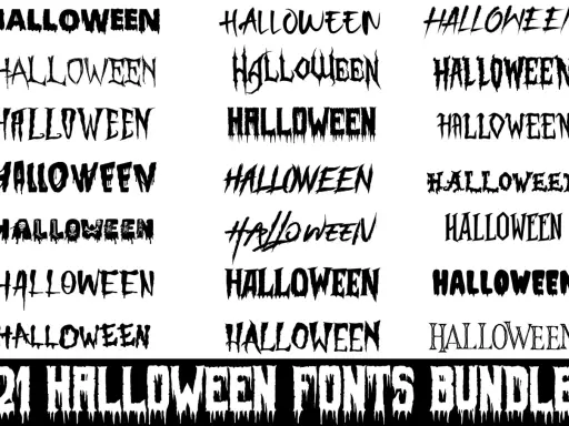 Kolekcja 21 strasznych czcionek na Halloween, z kroplami i mrocznymi literami. Idealne na upiorne dekoracje.