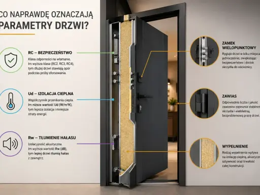 Przekrój drzwi pokazuje ich budowę i parametry: bezpieczeństwo (RC), izolację cieplną (Ud), tłumienie hałasu (Rw) oraz grubość drzwi.