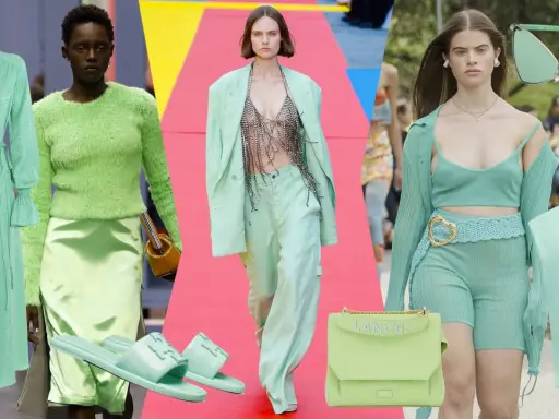 Moda in verde menta: abiti, maglioni, pantaloni, borse e occhiali da sole.