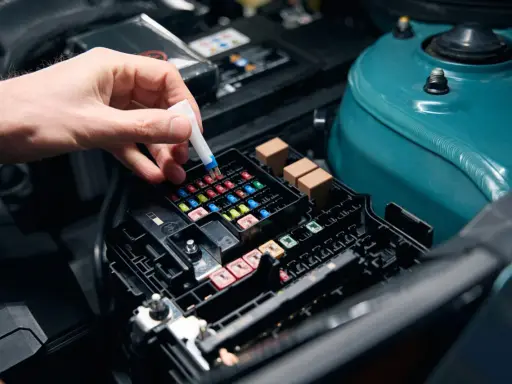 Mano insertando un fusible en la caja de fusibles del coche.
