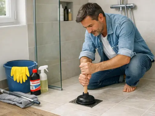 Un homme utilise une ventouse pour déboucher une douche. Des produits de nettoyage et des gants sont à proximité.