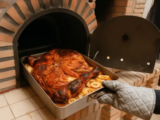 Pollo dorado y jugoso, listo para ser servido, recién sacado de los asados en horno de leña.