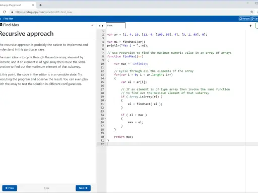 Kod JavaScript do znajdowania wartości **math max** w zagnieżdżonych tablicach.