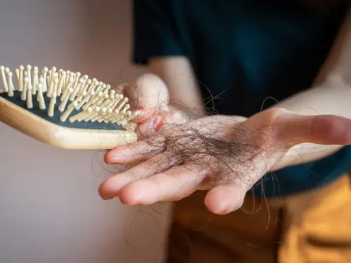 Main d'une personne tenant une brosse à cheveux avec des cheveux tombés, un effet secondaire possible du covid et perte de cheveux.