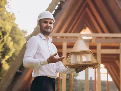 Architekt mit Helm hält Modellhaus, um Holzkonstruktion zu planen. Im Hintergrund Rohbau eines Hauses.