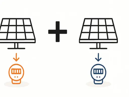 Zwei Solarmodule mit Pfeilen, die auf zwei Stromzähler zeigen. Ein orangefarbener, ein blauer. 15 eeg.