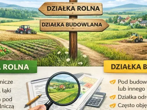 Rozróżnienie działki rolnej i budowlanej: jedna pod uprawy, druga pod budowę domu. Co to znaczy? Obrazek wyjaśnia.