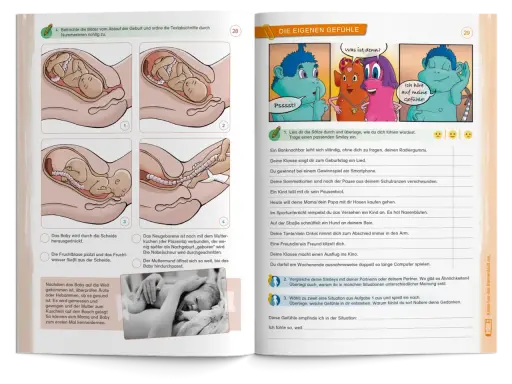 Bilder zeigen die Geburt eines Babys. Ein Kind lernt Gefühle kennen in der sexualkunde klasse 8.